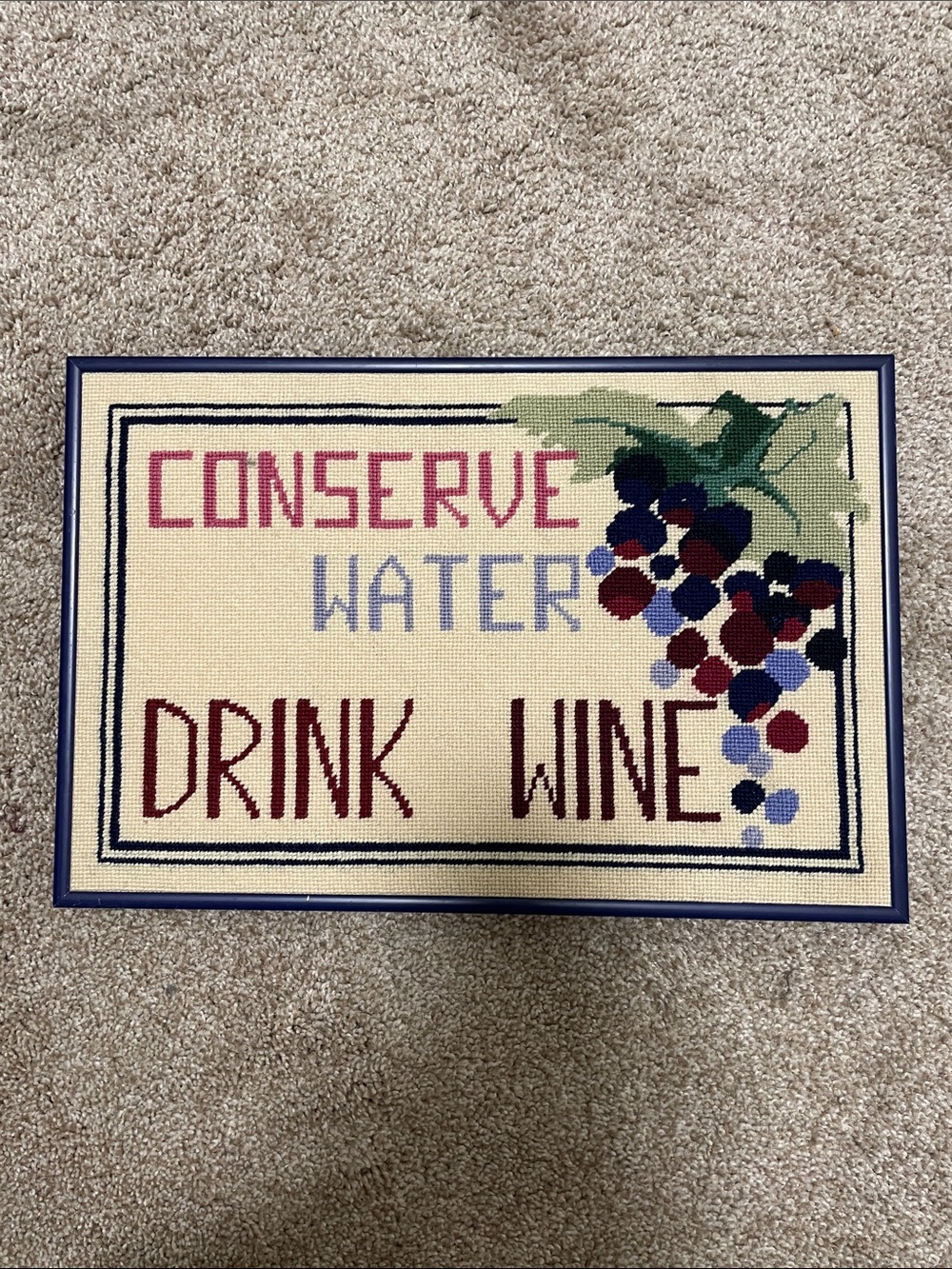 Finished Vintage Cross Stitch 14.75” Conserve Water Drink Wine Complete